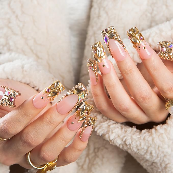 LOVFUL Short French Tip Press on Nails Golden Aura | Handmade Acrylic Press ons| Reusable Fake False Nails | Square Classic Regular 1.3in | H682-L