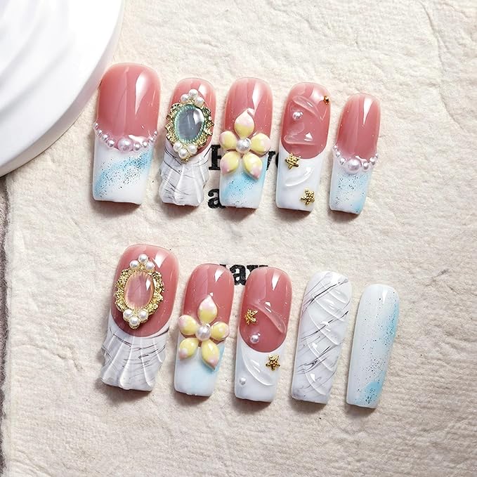 Handmade Acrylic Press On Nails Long Square Fake Nails with 3D Flower and Pearl Designs White French Tip False Nails Luxury Reusable Stick on Nail for Women 10Pcs (Size M)