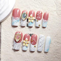 Handmade Acrylic Press On Nails Long Square Fake Nails with 3D Flower and Pearl Designs White French Tip False Nails Luxury Reusable Stick on Nail for Women 10Pcs (Size M)