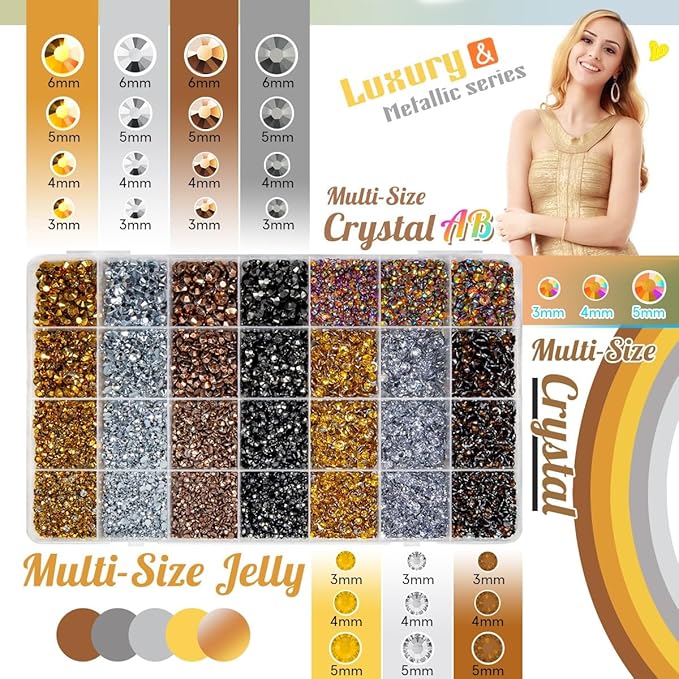 28 Types Golden Silver Copper Jelly Resin Rhinestones for Bedazzling Crafting 3mm-6mm Flatback Colorful Metallic Stones Gems Diamonds for Nails Face Eyes Makeup Crafts Tumblers Bottles Clothes