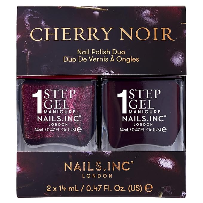 Nails Inc It's Topless Gel-Like Cherry Noir Nail Polish Duo, 4-in-1 Base Coat, Treatment, Color & Top Coat, Long Lasting, Strong, Chip Free, Glossy Salon Quality Manicure, Air Dry, 2 Piece Set