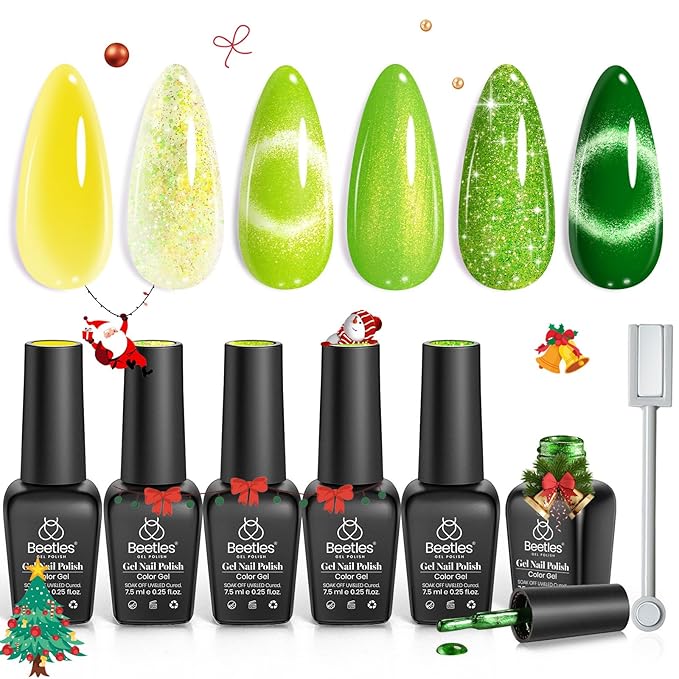 Beetles Green Gel Nail Polish Set - 6 Colors Cat Eye Sparkle Glitter Yellow Flash Lime Starter Kit with Magnet UV LED Needed Spring Summer St Patricks Gifts for Women DIY at Home Salon
