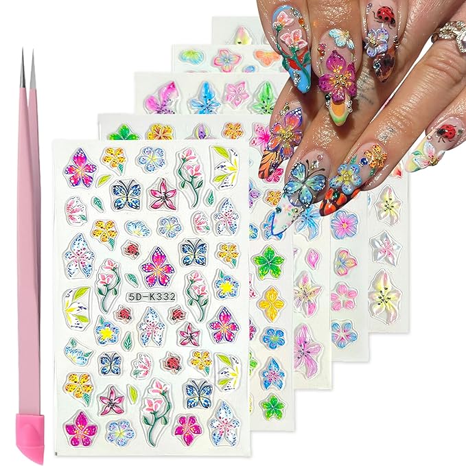 Flower Nail Art Stickers Decals 5D Embossed Nail Decals Spring Summer Colorful Flower Butterfly Nails Design Self-Adhesive 3D Accessories for Women Nails DIY Decoration(5 Sheets)