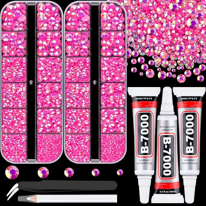 Resin Rhinestones for Crafting with 3Pcs 10ml B7000 Jewelry Glue, 2 Boxes Hot Pink AB Flatback Gems Crystals Diamond for Bedazzling Crafts DIY Nail Art Makeup,Gems for Clothing Tumblers Shoes