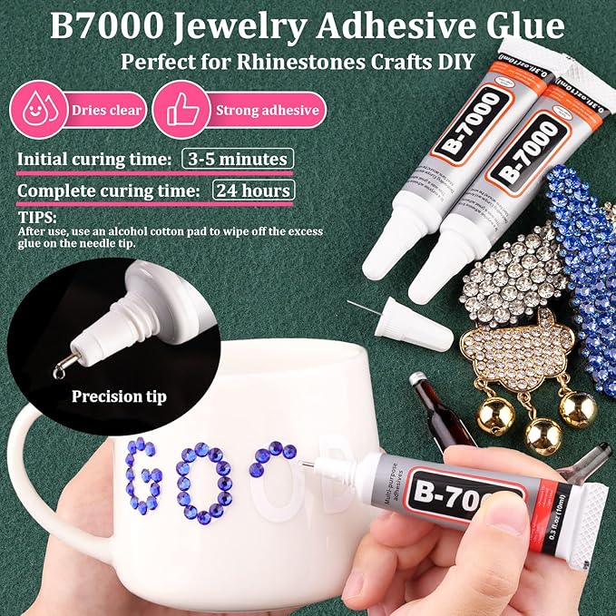 Resin Rhinestones for Crafting with B7000 Jewelry Glue, 1 Box Royal Blue Flatback Crystals with 3Pcs 10ml Glue for Bedazzling Crafts DIY Nail Art Makeup，Non Hotfix Gems for Clothing Shoes