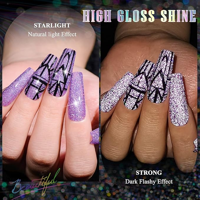 MTSSII Purple Reflective Gel Nail Polish Set, 12 Colors Lavender Violet Sparkly Gel Polish Diamond Shiny Glitter Soak Off Led Nail Polish for Women Girl DIY Nail Art Gift