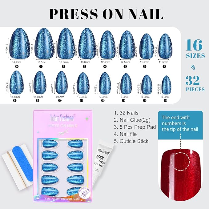 Blue Press on Nails Almond, Jofay Fashion Cat Eye Press on Nails, Soft Gel Fake Nails, Reusable & Natural Acrylic False Nails, Stick on Nails for Women Girls Gift, Glue on Nails Kit 32 Pcs