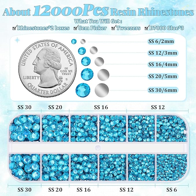 12000Pcs Resin Rhinestones for Bedazzling with 3Pcs B7000 Jewelry Glue, 2 Boxes Indicolite Flatback Rhinestones for Crafting Crafts DIY, Crystals Gems for Clothing Shoes Tumblers Nail Art Makeup
