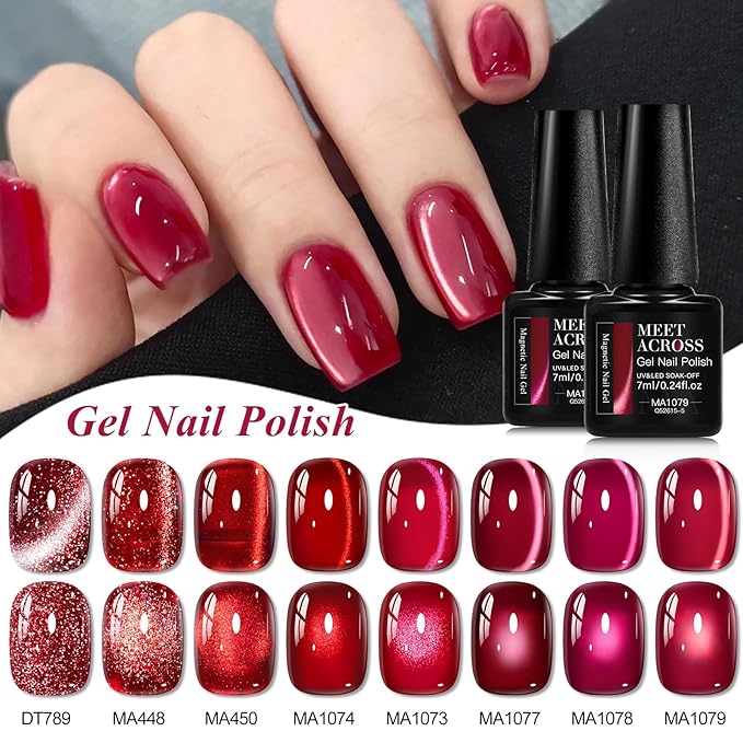 MEET ACROSS 9Pcs Glitter Red Cat Eye Gel Nail Polish Burgundy Red Cateye Gel Polish Magnetic Nail Polish with Magnet Bloody Mary Series Sparkle Red Manicure DIY Gifts 8 Colors