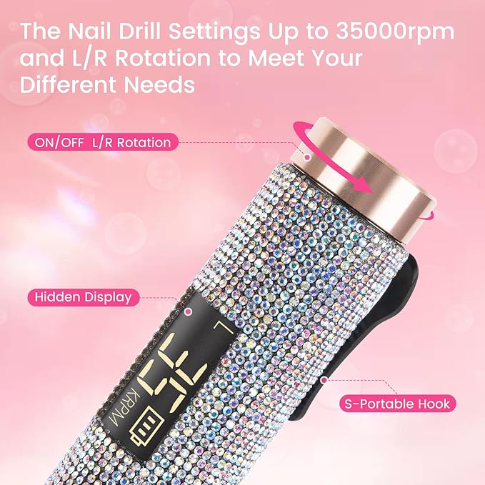 Lavinda Diamond Electric Nail Drill, Professional Rechargeable 35000RPM Electric Nail File Cordless Portable Nail Drill with Coreless Motor for Acrylic Nails (AB Rhinestone)