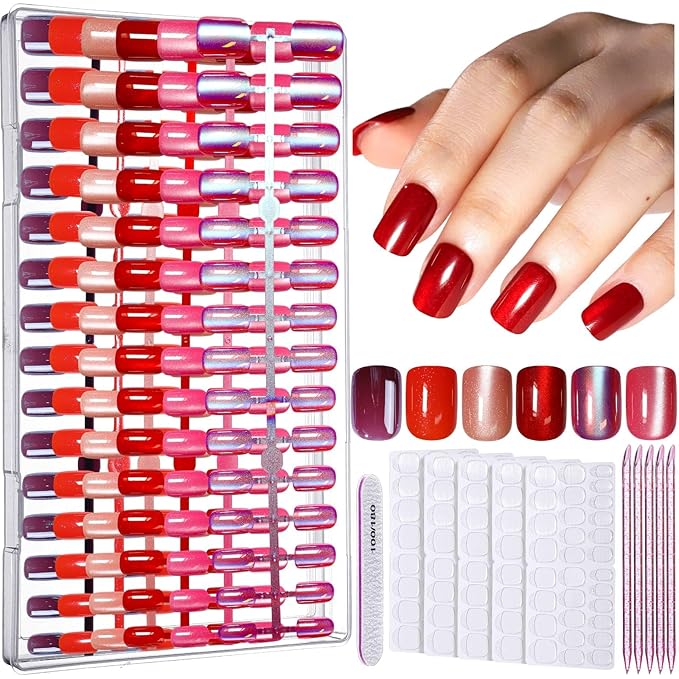 FANDAMEI Red Press on Nails, 6 Colors Cat Eye Press On Nails Short Square, Glossy Red Cat Eye Nails for Women Salon Quality, Natural Fit Fake Nails Fine Diamond Shine, Glitter Nails Kit for Festival