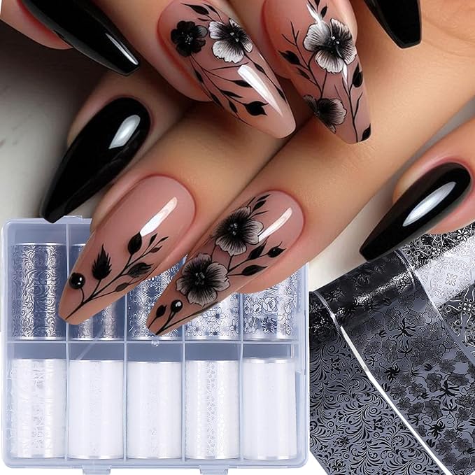 Lace Flower Nail Foil Transfer Sheets 20 Rolls Black White Lace Florals Nail Art Foils Elegant Valentines Sticker Nail Designs Lace Starry Sky Adhesive Valentine Foils Manicure Decoration for Women