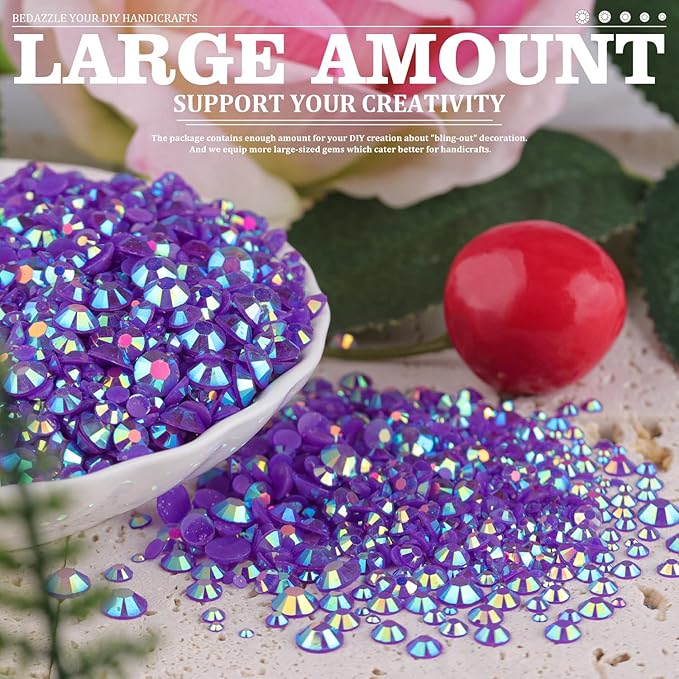 Resin Rhinestones Crafting, 2/3/4/5/6mm Flatback Jelly Rhinestones, 3 Box Dark Purple AB Non Hotfix Crystal Gems for Bedazzling Crafts Mugs Tumblers Clothes Makeup Nail