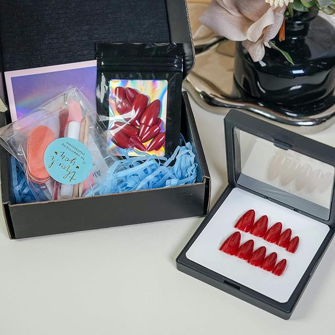 30Pcs Almond Press On Nails - Supremely Fit & Natural Soft Gel Almond Nails,15 Sizes, Reusable Fake Nails Kit with Gift Box for Women (Shiny Red)