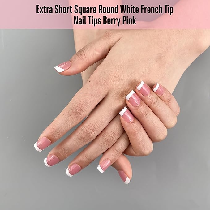 NOVO OVO Extra Short White French Tip Nail Tips, XS XXS Square Round BERRY PINK, for Wide & Short Nail Beds, Thick Full Cover Press on for Women Men, Soft Gel Acrylic Extension kit, 16 Sizes x 224pcs