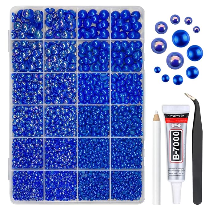 2 Styles Solid Blue+Royal Blue AB Flatback Pearls w B7000 Glue for Bedazzling Crafting 3mm-10mm Half Round Beads Gems Bedazzler Kit for Nails Face Eyes Makeup Tumblers Bottles DIY Crafts Shoes