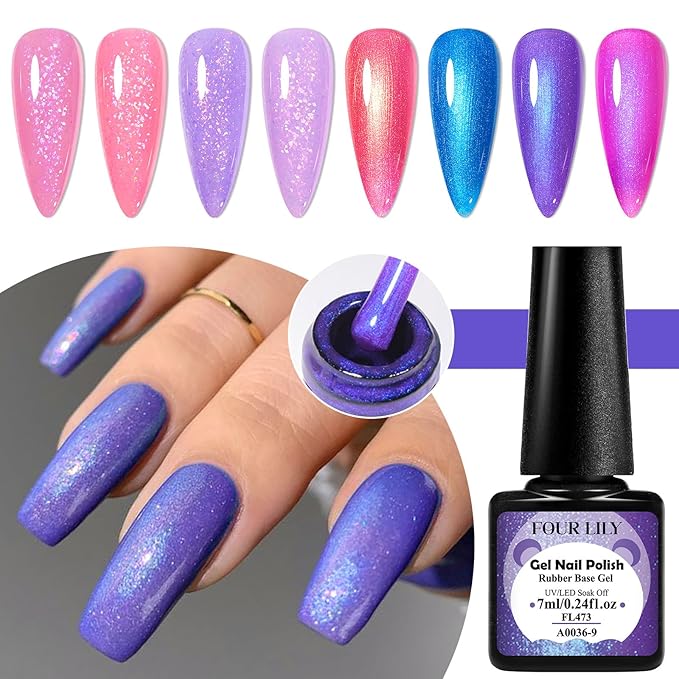 Rubber Base Gel Nail Polish Set Brocade Pink Purple Builder Base Gel in a Bottle Hard Extension Gel Pearlescent Blue 8 Colors Cured for Nails at Home Salon DIY Beginner
