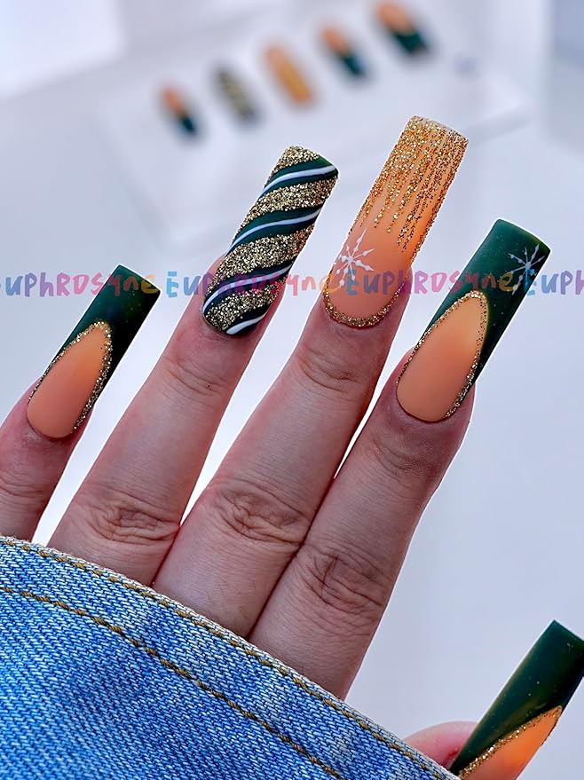 Euphrosyne Matte Press On Nails – 10pcs Medium Coffin Fake Nails in Nude Orange with Glitter Gold French Tips, Animal Print & Snowflake Accents