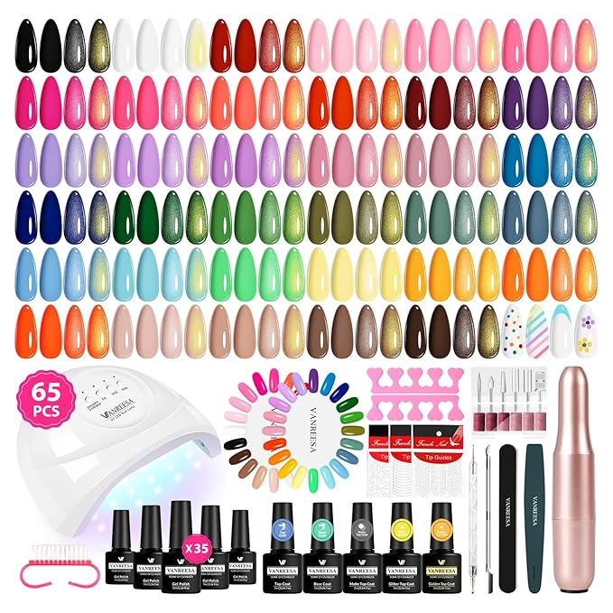 VANREESA Gel Nail Polish Kit with U V Light and Nail Drill Kit 65 Pcs Gel Polish Nail Set 35 All Season Colors Nail Polish Set Base Coat & 4 Effects Top Coat Complete Nail Kit Gifts for Women