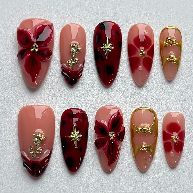 Luxury Press on Nails Medium Almond Handmade 3D Unique Reusable ABS Material Fake Nails French Tip False Nails with Designs Red Floral Glossy Glue on Nail Thick Acrylic Nail(S)