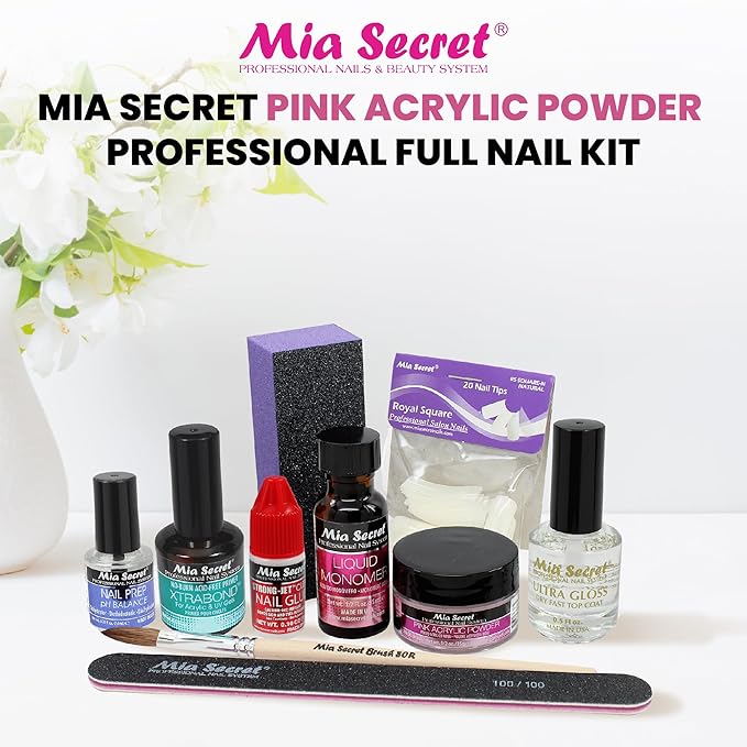 MIA SECRET Pink Acrylic Nail Kit - Full Kit With Powder, Liquid Monomer, Primer, Glue, Top Coat, 20 Nail Tips, Brush, Emery Block, File