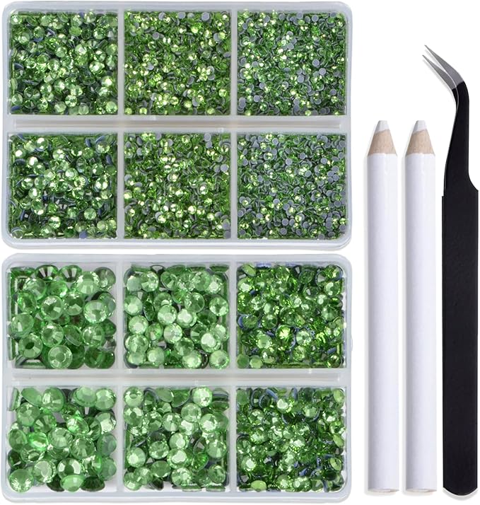 Bymitel Hotfix Crystal Rhinestones Round Gems for Crafts,Mixed 6 Sizes with Wax Pencil Kit, Peridot 1.6-6.3mm SS4-SS30/8000pcs