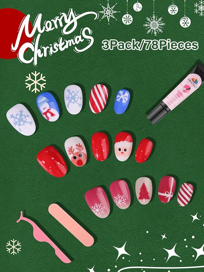 78 Pieces Christmas Press on Nails for Kids, EBANKU 3 Pack Kid Fake Nail Kit Old Christmas Cute Press on Nails for girls 8-12 Years with Jelly Nail Adhesives & Nail Builder Glue