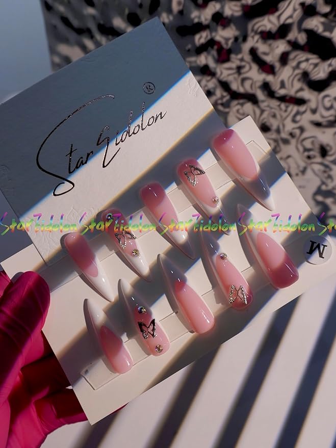 HAND-PAINTED White Press Ons Neon Small Press on Nails Long French Press on Nails Coffin Medium Short Nail art Fake Nail Art Kit with 7g Glue on Nails Handmade Almond Square Nails (Custom, T14)