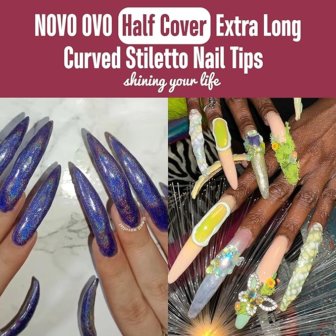 NOVO OVO Halloween 500 pcs Half Cover Extra Long Hawk Curved Stiletto/Almond Nail Tips, XXL 2XL Sharp False Nails for Acrylic, Clear QUEEN STILETTO CURVE Eagle Claw Gel Extension x 10 Sizes in Bag