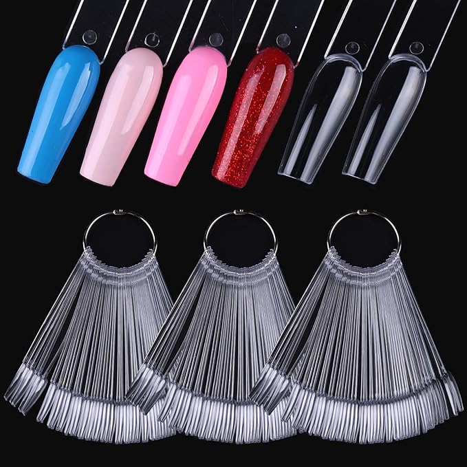 150 Pcs Nail Swatch Sticks with Ring, Clear Coffin Nail Polish Swatch Sticks, Ballerina False Nail Sample, Nail Practice Color Display Board Accessories for Home or Salon Use