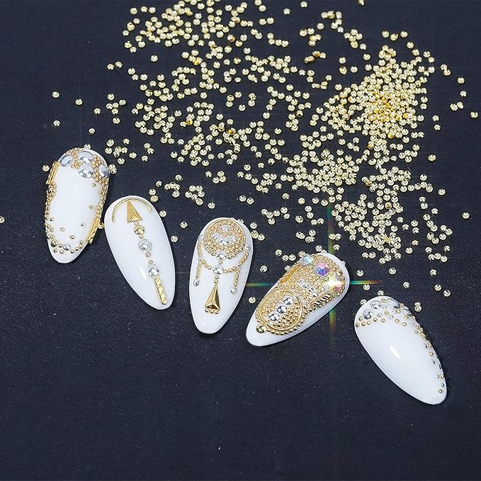 HNUIX Nail Art Charms - Metal Silver & Gold Beads, Flat Back Round Rhinestones, Small Nail Pearls, 3D Mixed Sizes Decorations for Nails