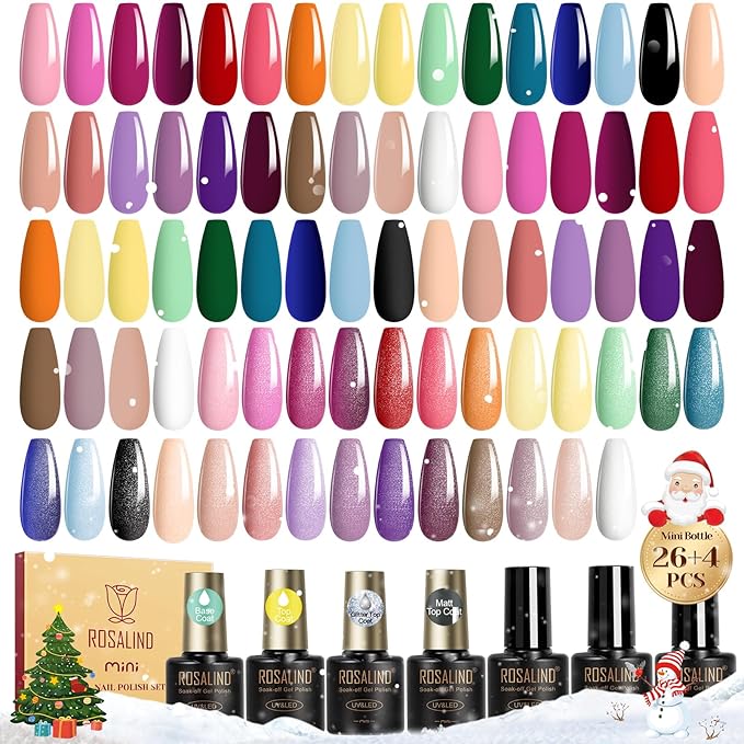 ROSALIND 42pcs gel nail polish set, 12 Colors Cat Eye Gel Polish with 4Pcs Gel Base and Glossy Matte Glitter Top Coat All Seasons Nude Blue Red Nails Gel Kit DIY Salon