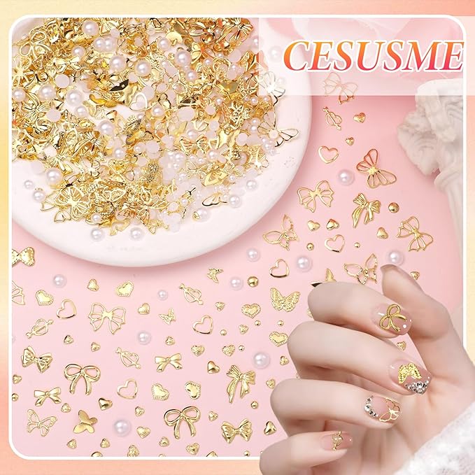 3 Boxes Gold Nail Beads Pearls, Butterfly Bows Alloy Nails Charms Studs, Bowknot Bow Tie Nail Art Jewels, Mix Size Half Round Pearls Carviar Nail Beads Charms Rhinestones for Nails Design DIY Craft