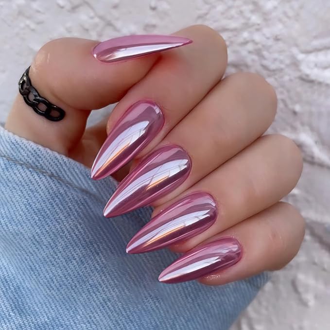 Chrome Press On Nails Almond, Metallic Baby Pink Mirrored Glue on Nails Medium Press Ons, Acrylic Natural Fit Stick on Nails in 12 Sizes - 24Pcs Fake Nail Kit for Women Daily & Party Wear