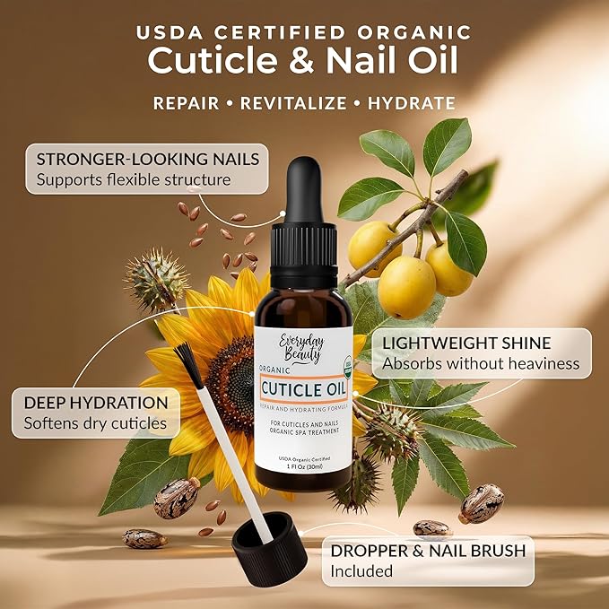 Organic Cuticle & Nail Oil - Repair, Revitalize & Hydrate Cuticles and Nails - Organic Spa Treatment - For Stronger Healthier Nails and Cuticles - 1 Fl Oz Glass Bottle with Nail Brush and Dropper