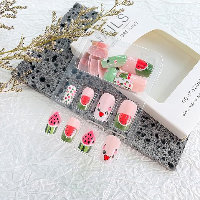 Cute French Tip Press on Nails Short Square Fake Nails with Designs Watermelon Glue on Nails Summer Fruit Acrylic Nails Press ons Glossy Full Cover Stick on Nails for Women Girls 24Pcs