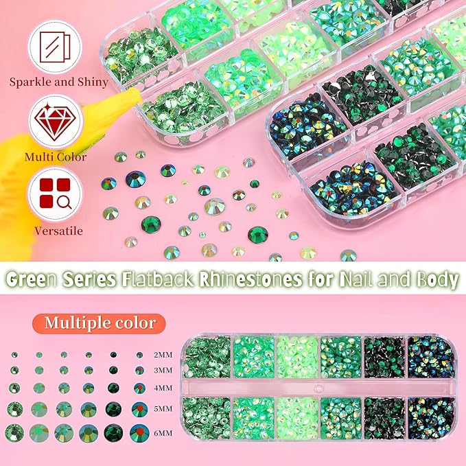 5 Boxes 12420pcs Sparkling Crystal Nail Rhinestones Kit, Flatback Multicolor Transparent Jelly AB Mermaid Gems with Pick Up Pen and Curved Tweezers for Manicure Salon & Craft DIY Designs (Green)
