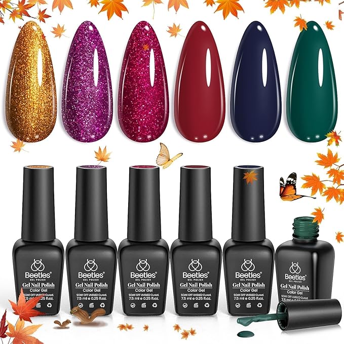Beetles Gel Nail Polish, 6 Colors Burgundy Red Glitter Gold Green Gel Polish, Soak Off Uv Nail Lamp Cured Holiday Nail Gel DIY Home Manicure Kit Gifts for Women