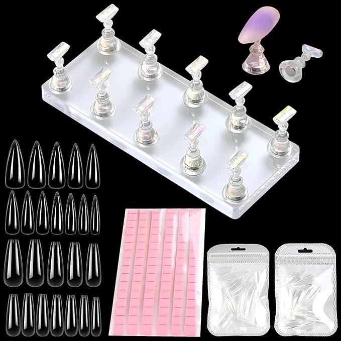 Stand for Press Ons Display Practice Art Magnetic Fake Nails Holder With 96pcs Stiletto Square Full Cover Tips, Reusable Putty for Home DIY Beginner Salon Kit Supplies