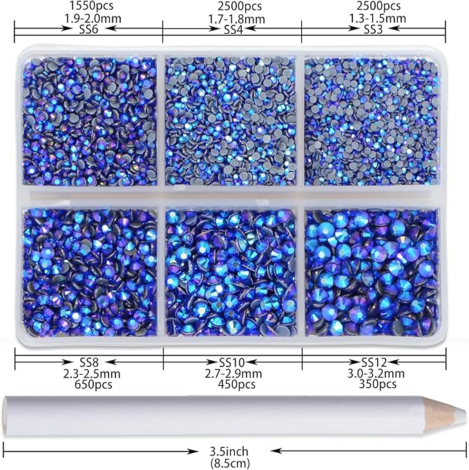 NCB Hotfix Iron on 8000pcs Crystal Rhinestones Round Gem for Crafts Decoration DIY Jewelry Making with a Picking Pen (Sapphire AB, 6Sizes SS3-SS12)