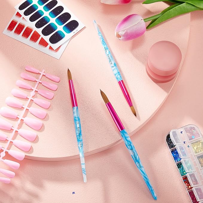 5 Pieces Kolinsky Nail Brush Set - Acrylic Application Brushes With Crimped Shaped Handle for Nail Art Manicure - Sizes 6, 8, 10, 12, 14 (Pink, Blue and White)