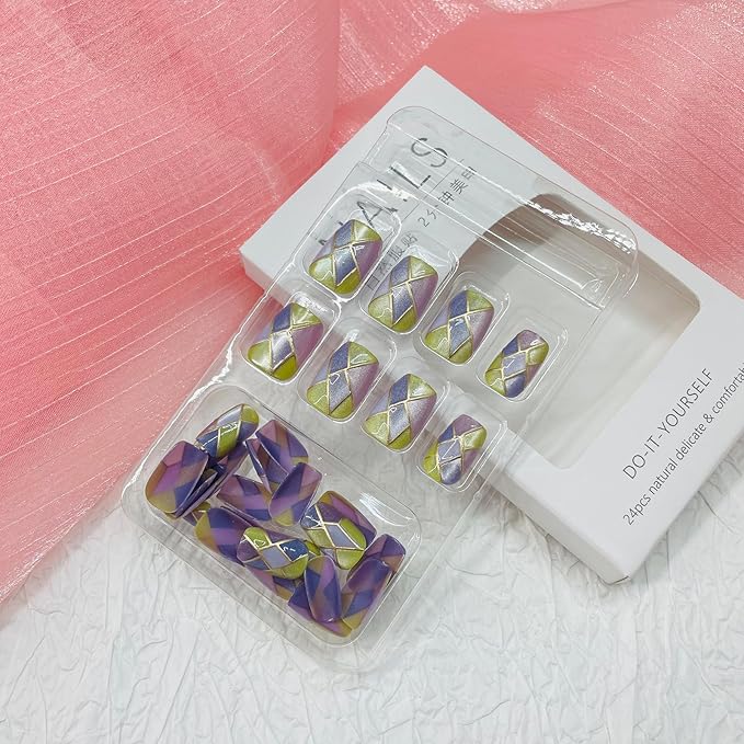 Square Press on Nails Short Fake Nails with Designs Gold Lines Stick on Nail Purple Acrylic False Nail Artificial Nail Press ons Glossy Full Cover Glue on Nails for Women 24Pcs