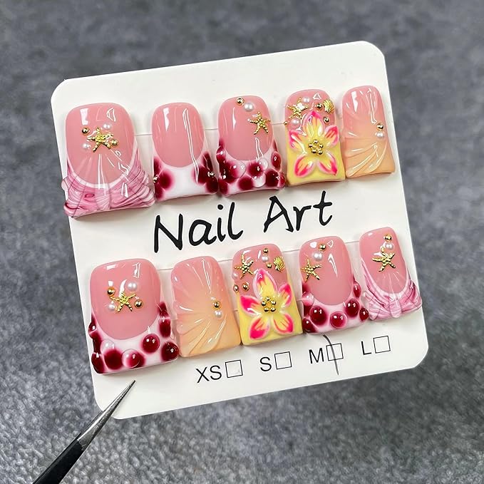 10Pcs Press on Nails Handmade Medium Duck Fake Nails 3D Flower Nails Press Ons wtih 3D Starfish Design Pink Leopard French Tip False Nails Luxury Reusable Acrylic Stick on Nail for Women (Size M)