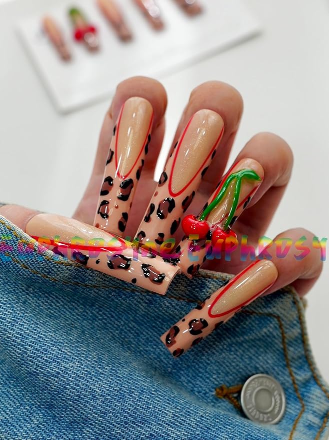 Cherry and Leopard Print Press On Nails – 10PCS Long Coffin Fake Nails with Red French Tips & 3D Fruit Charms, Reusable Glossy Summer Nails for Women and Girls – Euphrosyne