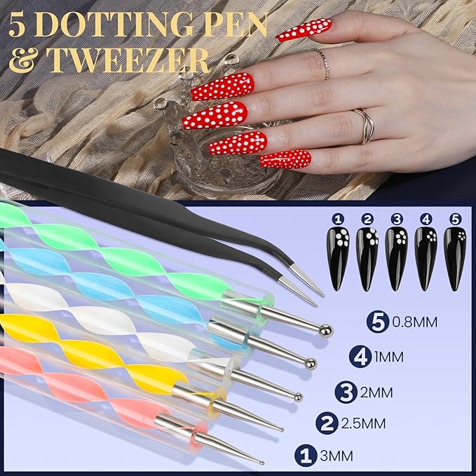 FANDAMEI Nail Art Brushes, Nail Art Kit with 15 Pcs Nail Art Brush, 5 Pcs Dotting Tools, 6 Box Nail Charms and Gems, 10 Flower Nail Stickers, Complete Nail Decoration Art with Nail Art Brushes Black