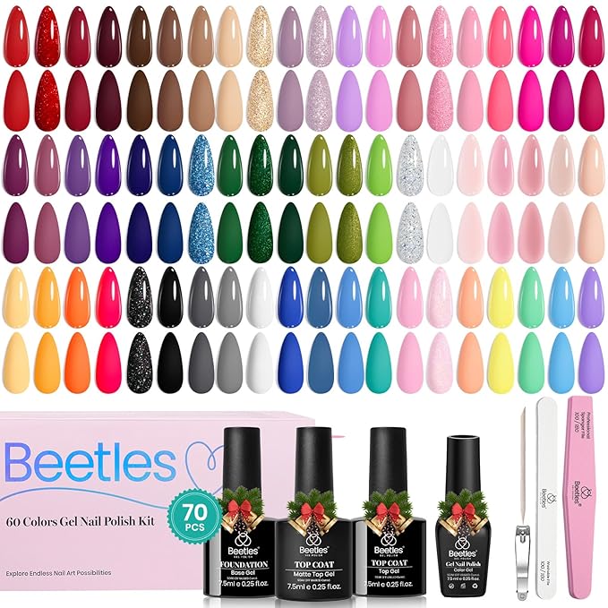 Beetles Gel Nail Polish Set, 70 PCS 60 Colors Red Green Pink Brown Blue Nude Glitter Gel Nail Polish Kit with Base Top Coat for Beginners UV LED Needed DIY Salon Gifts for Women