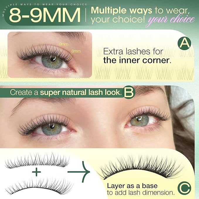Short Lash Clusters 8-9MM Natural Eyelash Clusters Invisible Band Cluster Eyelash Extensions Wispy Cluster Lashes C Curly Individual Lashes 90PCS DIY Lash Extension by Lvmixwig