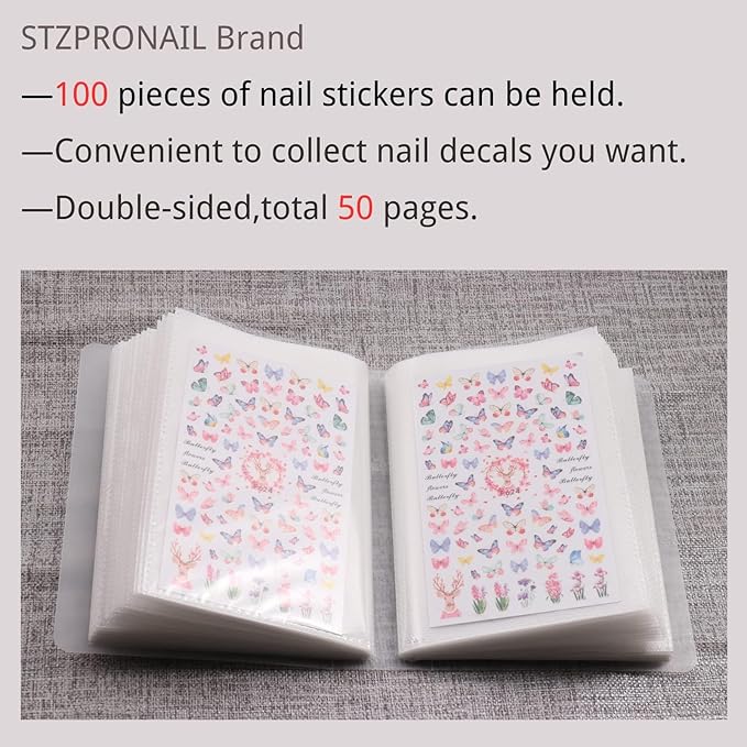 Nail Art Stickers Organizers Storage 100 Slots Empty Nail Decals Book Binder for Nail Art Supplies DIY Stickers Display Holder Collecting Album Nail Organizers Tools