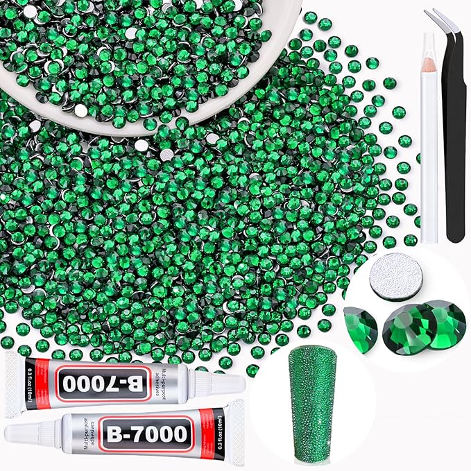 3000PCS SS8/2.5mm Crystal Rhinestones (Emerald Green) with 2Pcs 10ml B7000 Jewelry Glue, Bedazzling Flatback Glass Rhinestones for Crafting, Gems Diomand Charm for Tumbler Shoes Clothing Mugs Nail Art