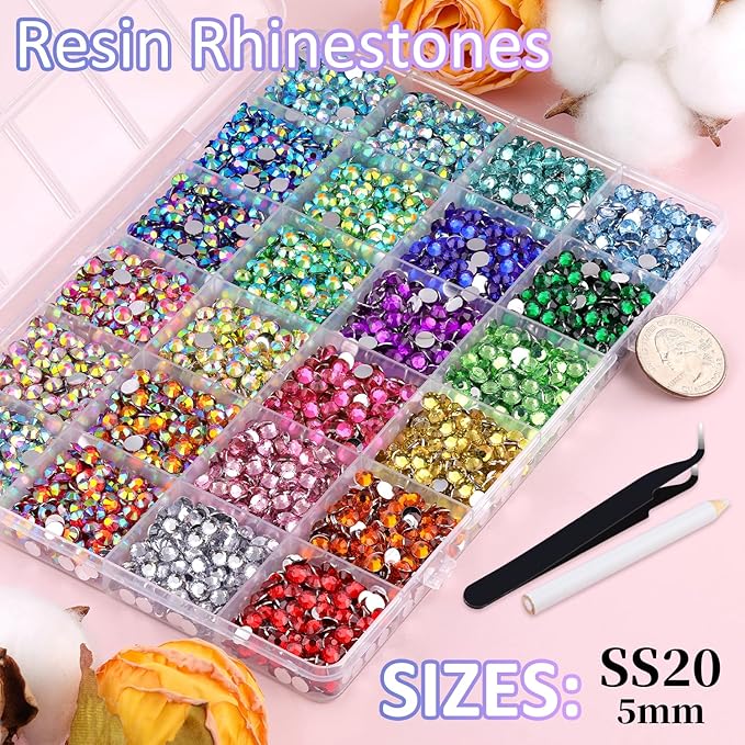 6600Pcs Resin Rhinestones with Tweezers for Crafting, Mixed-Color 5mm Non Hotfix Flatback Gems, Bedazzling Crystal for DIY Crafts Clothing Tumblers Mugs Shoes Fabric Decor Nail Art Makeup